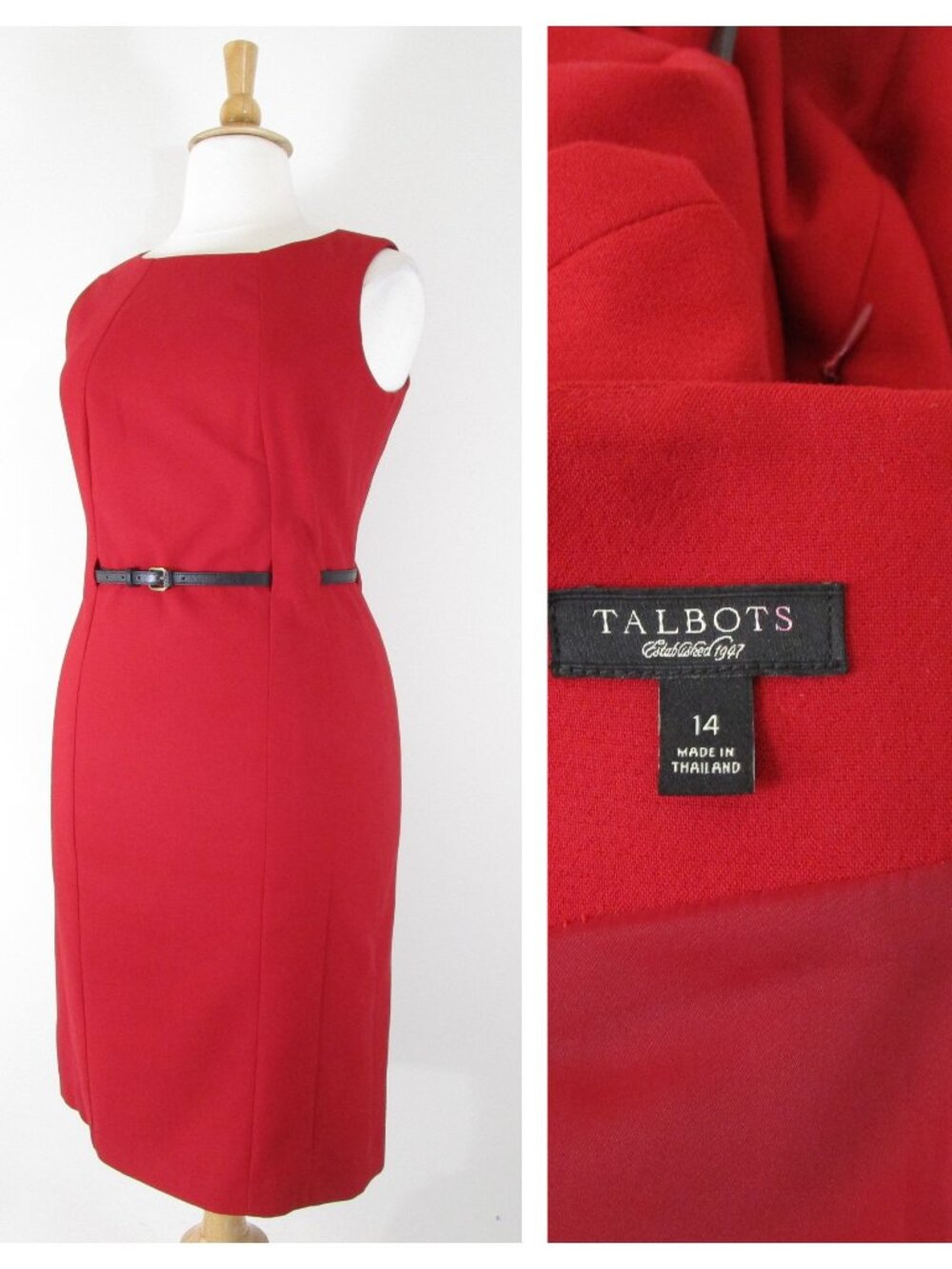 Talbots Plus Size Solid Red Belted Sleeveless Sheath Dress 14 Formal Business